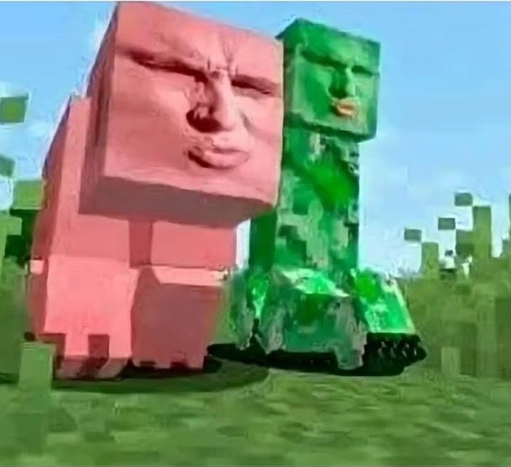 Свинья и крипер из Minecraft идут рядом
